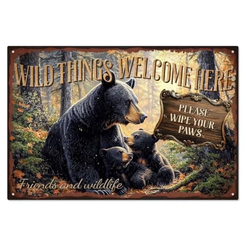 Image of WADORN Vintage Bear Metal Tin Sign, Wild Things Welcome Here Bear Retro Tin Sign Hanging Decor for Cafes Bar Decor Funny Bear Please Wipe Your Paws Wall Plaque Decor for Pubs Shop, 11.81x7.87 Inch