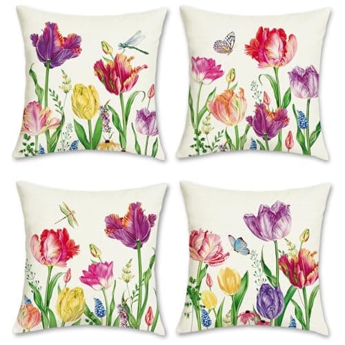 Image of Bonhause Tulip Floral Cushion Covers 45 x 45 cm Colorful Flower Decorative Throw Pillow Covers for Sofa Bed Home Garden Outdoor Spring Summer Decor Set of 4