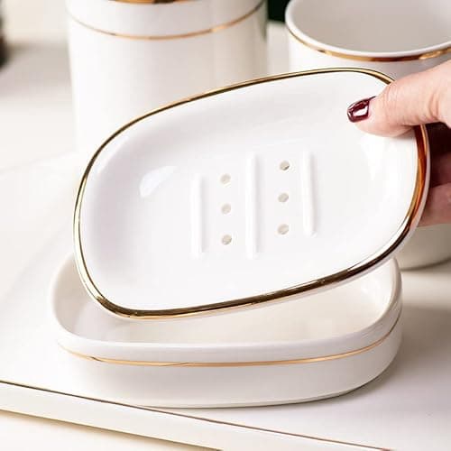 Image of Self Draining Soap Dish, Double-layer Bar Soap Tray, White Ceramic Soap Dish with Elegant Patterns (White With Gold Line)