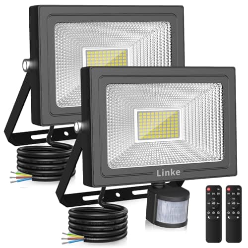 Image of Linke 60W Security Lights Outdoor Motion Sensor, 5200LM PIR LED Floodlights 6500K Daylight White, IP66 Waterproof Outside Light Mains Powered Perfect for Garage Garden Porch Courtyard, 2 Pack