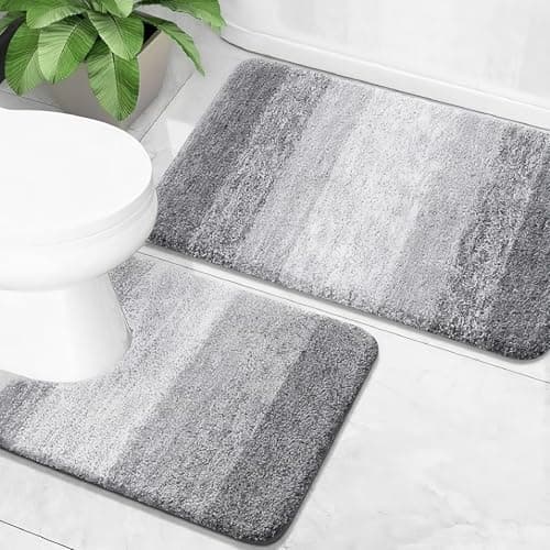 Image of Kighdel 2 Piece Non-Slip Bath Mat Set Soft Plush Shower Mat & Toilet Pedestal CarpetExtra Soft Absorbent Microfiber Non-Slip Washable Rugs for Shower Floor Bathmat Bathroom Accessories Decor, Grey