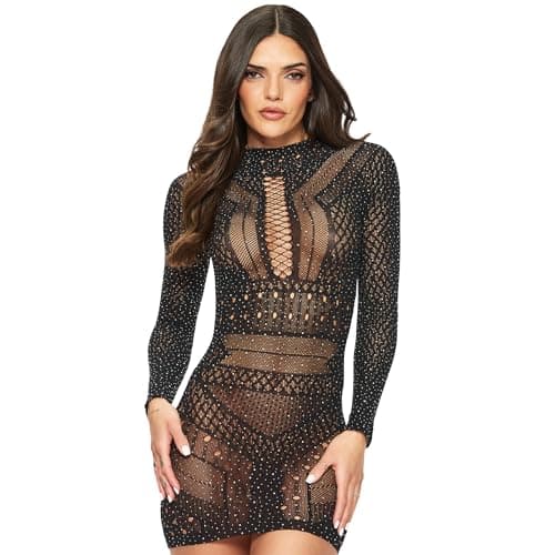 Image of Ann Summers Jewelled Janelle Dress, Mesh Cut Out Bodycon Dress for Women, Long Sleeve Dress, Fishnet Mini Dress Black
