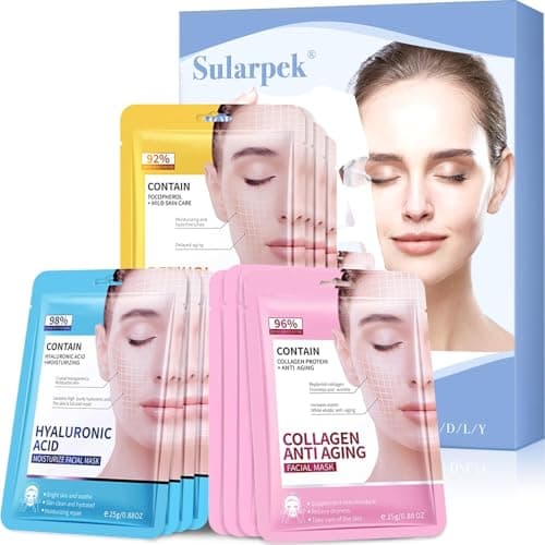 Image of Sularpek 12 Pcs Face Masks, Hyaluronic Acid, Collagen, Retinol Facial Masks Skincare, Hydrating & Nourishing Face Beauty Care Masks