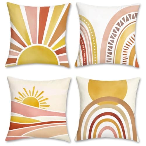 Image of Bonhause Abstract Boho Cushion Covers 45 x 45 cm Boho Sun Rainbow Decorative Pillow Covers for Sofa Couch Bed Home Garden Patio Decor Set of 4
