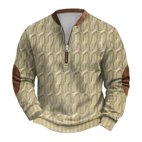 Image of Mens Sweatshirts Male Chunky Knit Sweater Sweatshirt Zipper Long Sleeve Printed Collarless And Hoodless Sweatshirt (Light Yellow, XXL)