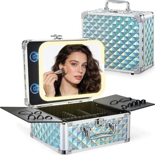 Image of Makeup Box with Mirror, Portable Vanity Case Make Up Box Organiser Travel Makeup Bag Beauty Cosmetic Case with Led Mirror Adjustable Compartment
