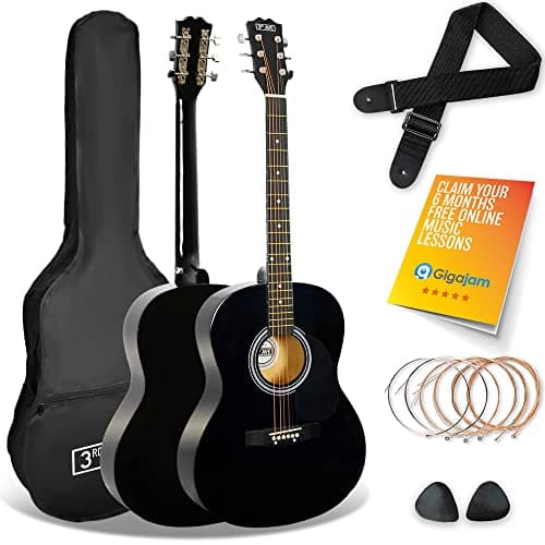 Image of 3rd Avenue Full Size 4/4 Acoustic Guitar Steel String Pack Bundle for Beginners - 6 Months FREE Lessons, Bag, Picks and Spare Strings - Black