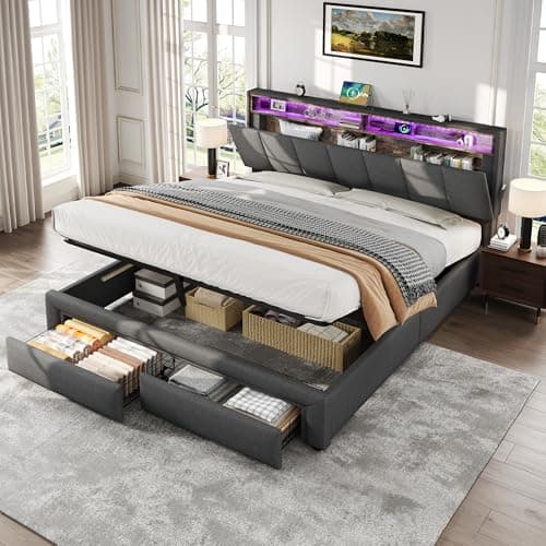 Image of 5ft King Size Bed Frame with Hydraulic Lift & Drawers, LED Adjustable Headboard with Charging Station & Concealed Storage Headboard, Linen Upholstered Functional Ottoman Storage Bed, No Mattress,Grey