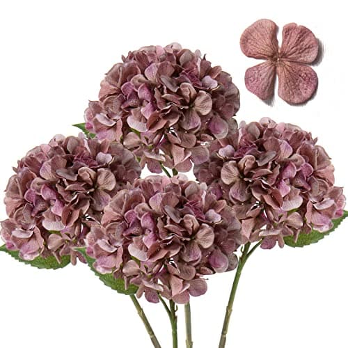 Image of Hollyone 4 pcs Pink Grey Hydrangea Artificial Flowers with 16.9'' Long Stem, Fake Flowers Dried Flowers, Artificial Hydrangea Plants for Kitchen, Home Decor, Party, Wedding Decorations