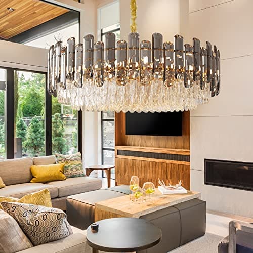Image of LUVODI Modern Luxury Round Crystal Chandelier: 80cm 5 Tiers Ceiling Hanging Pendant Light with 15 Bulbs - Contemporary Lighting Fixture Lamp for Living Room Bedroom Foyer Hallway Grey