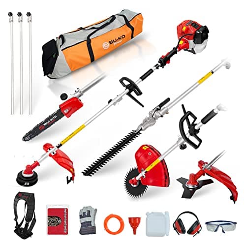 Image of BU-KO 52cc Long Reach Multi Functional Garden Tool: Strimmer, Brush Cutter, Extendable Hedge Trimmer, Pruner Chainsaw, Grass Trimmer, 3x 75cm Extension Poles, Toolbag
