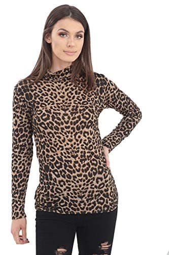 Image of Women Ladies Leopard Print Roll Polo Turtle Neck Jumper Long Sleeves Top 8-26 (Brown Leopard, UK 12-14 M/L)