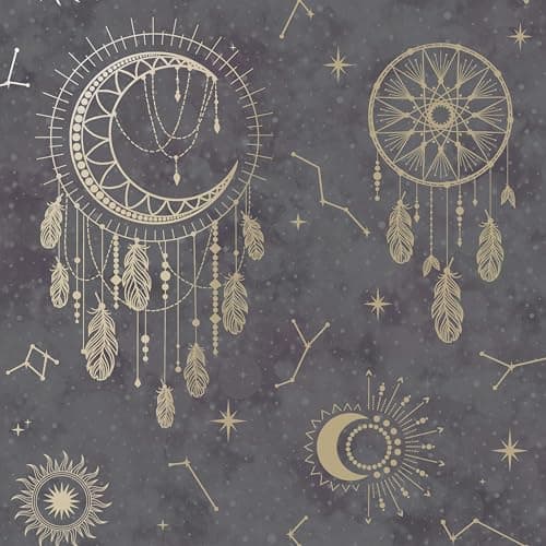 Image of Holden Decor Dreamcatcher Wallpaper - Modern Wallpaper for Bedroom, Nursery & Children’s Playroom - Decorative Luxury Wall Paper with Dreamcatchers, Suns, Stars, Moons & Star Signs (Black & Gold)