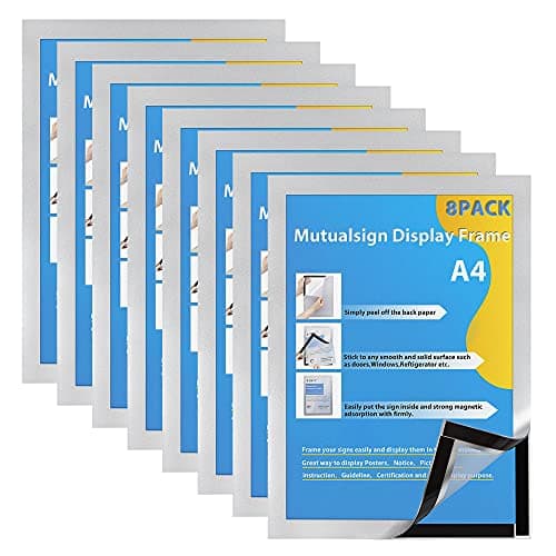 Image of Mutualsign A4 Magnetic Frame Self Adhesive Display Frames Wall Window Sign Holder with Self-Adhesive Backing for Posters Ads Document Photos Notices License (8PCS, Silver)