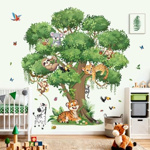 Image of decalmile Jungle Animals Large Tree Wall Stickers Safari Animal Tiger Leopard Zebra Wall Decals Kids Room Baby Nursery Bedroom Home Decor