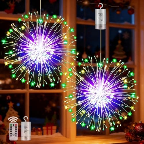 Image of yowin Hanging Christmas Firework Lights 2 x 198 LED Starburst Lights Battery Operated with Remote, 8 Modes Waterproof Christmas Window Light for Xmas Tree Outdoor Indoor Decorations - Multicolor