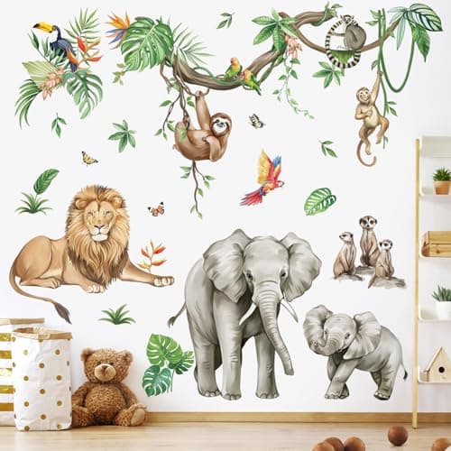 Image of wondever Large Jungle Animals Tree Branch Wall Stickers Safari Monkey Elephant Lion Peel and Stick Wall Art Decals for Baby Nursery Kids Bedroom Playroom