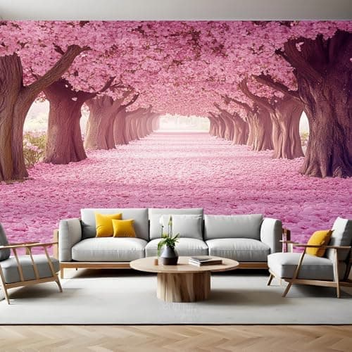 Image of Pink Murals Photo Wallpaper Cherry Blossom Tree Path Non-Woven Premium Art Print Fleece Wall Mural Poster Picture Design Modern Boy Girl Bedroom Home Decor 350 x 256cm