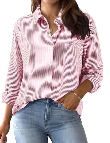 Image of Xnova Women's Striped Button Down Shirts Collared, Classic Cotton Blouse Tops V Neck with Pocket, Long Sleeve Pinstripes Oversized Blouses T-Shirts Office Work Casual (Red, L)