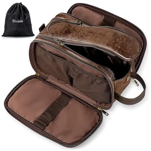Image of Elviros Water-Resistant PU Leather Toiletry Bag for Men Large Travel Wash Bag Shaving Dopp Kit Bathroom Gym Toiletries Makeup Organizer with Wet Dry Bag,Gift for Men(Chocolate-Small)