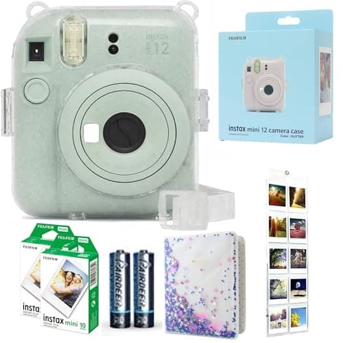 Image of Fujifilm INSTAX Mini 12 Camera Mint Green id Bundle – Includes Mini 12 Green Camera, 20-Shot INSTAX Mini Film, Clear Glitter Camera Case, Photo Album & Hanging Wall Photo Display