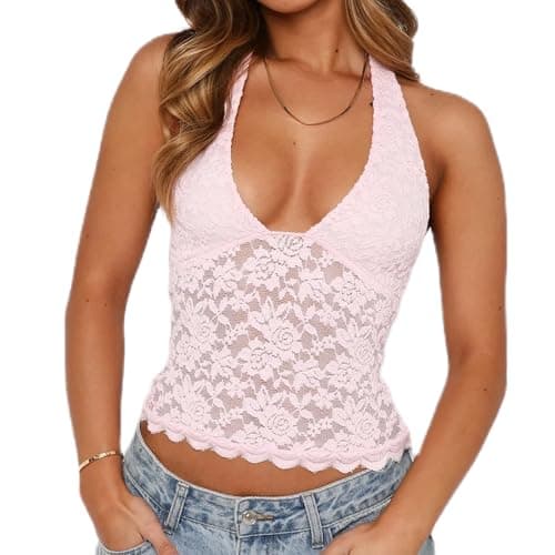 Image of Womens Y2K Floral Lace Crop Tops Sexy V-Neck Backless Tank Tops Basic Tshirts Summer Going Out Tops Club Streetwear (A Pink, S)