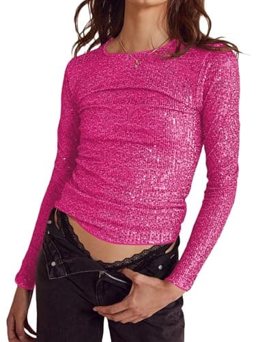 Image of Yoisdtxc Women Slive Sequin Top Long Sleeve Crop Shirt Casual Pullover Sparkly Club Night Out Aesthetic Clothes (A-Rose Red, L)