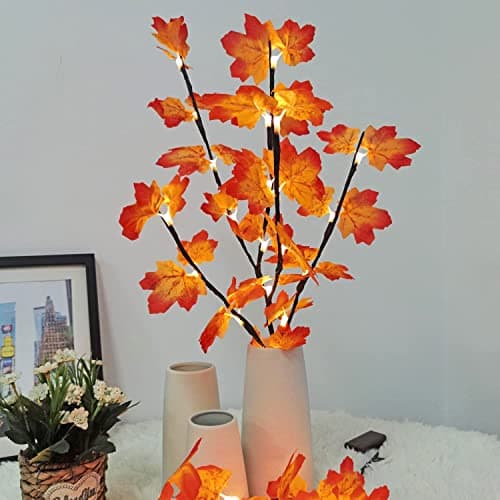 Image of LAMOOER Maple Leaf Branch Lights 30 Inch 20 LED Lighted Maple Twig Branches for Thanksgiving Autumn Fall Christmas Tree Decoration