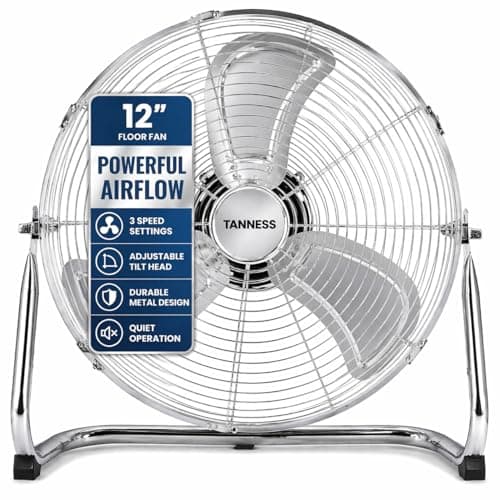 Image of TANNESS 12 Inches Chrome Metal Floor Fan, High Power 3-Speed Home Gym with Adjustable Head, Heavy-Duty Industrial Fan for Home & Commercial Use, Powerful Airflow, Quiet Operation