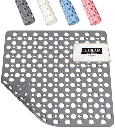 Image of HITSLAM Square Shower Mat Non Slip Anti Mould, 53 x 53 cm Rubber Bath Mat for Tub Anti Slip, Bathroom Anti Slip Shower Mat With Suction Cups and Drain Holes, Machine Washable, Grey