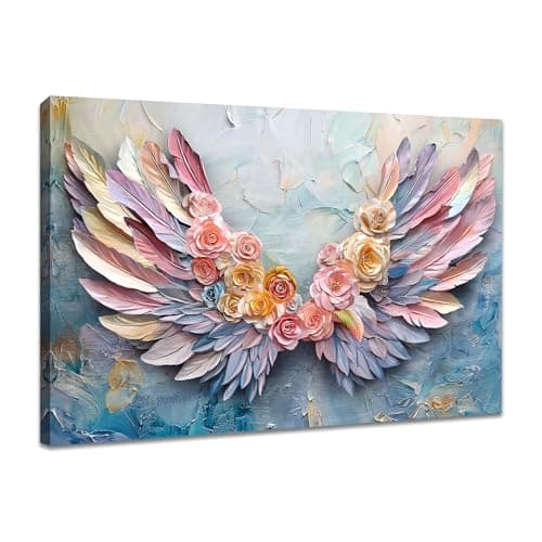 Image of WENGTIAO Rose Angel Wings Canvas Wall Art Prints Framed Colourful Wings and Flower Painting on Canvas for Living Room Bedroom Home Wall Decor Ready to Hang 90x60 cm