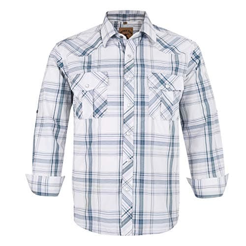 Image of COEVALS CLUB Mens Shirts Long Sleeve Casual Push Button Plaid Suit Regular Fit Western Cowboy Pearl Snap Two Pockets Work Derss Button Up Shirts(White Plaid #28 L)