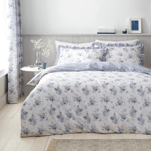 Image of Catherine Lansfield Lucie Floral Reversible Duvet Cover Set with Pillow Cases - White/Blue King Size