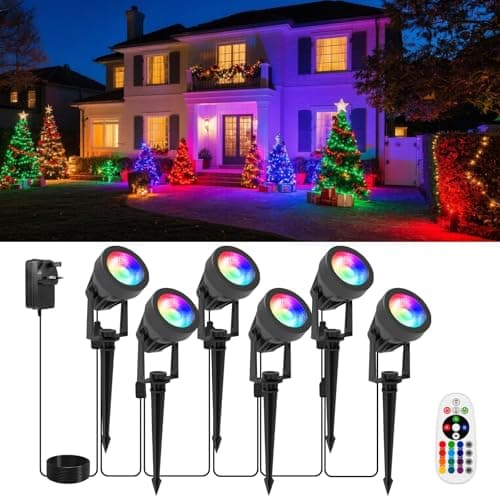 Image of NATPOW RGB Spot Lights, RGB Garden Lights Mains Powered with Remote Control LED Outdoor Landscape Spotlights with Adapter, IP65 Waterproof 5V LED Outdoor Lights for Outdoor Decoration Lawn, Yard