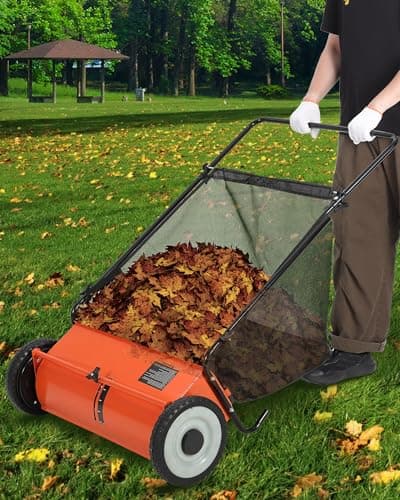 Image of Garvee Garden Sweeper, 66CM Push Lawn Sweeper with 198L Collection Bag & 4 Fast Spinning Brushes, Height Adjustable Silent Push Along for Driveway, Patio, Lawn, Artificial Grass - Red