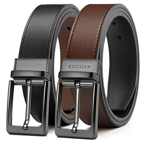 Image of CHAOREN Mens Belt 1 Piece, Reversible Leather Belt for Men Black Brown for Trousers 1 3/8", Rotating Buckle for Double-Sided Use