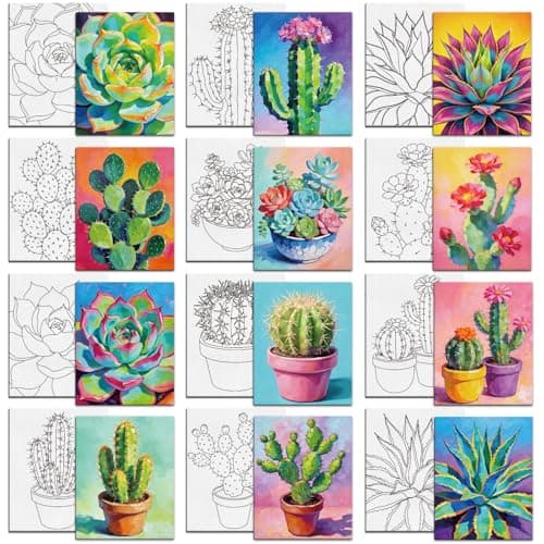 Image of MAYJOYDIY 12 Pcs Succulents Cacti Pre Drawn Canvas to Painting Potted Plant Pre Printed Canvas 20×25cm Flowering Cactus DIY Paint Art Board for Beginners