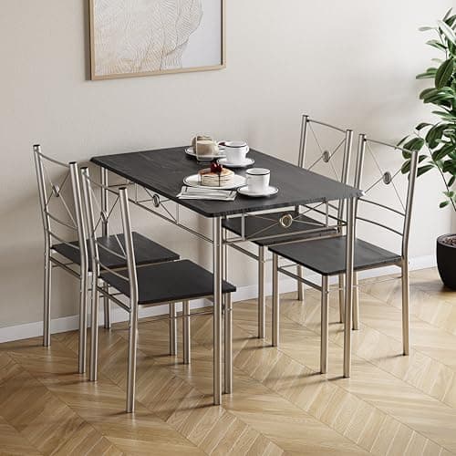 Image of Vida Designs Roslyn Dining Table and Chair Set, Kitchen Breakfast Modern Contemporary Furniture Set (Black, 4 Seater)