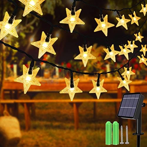 Image of Solar String Lights,23ft 50 LED Solar Star String Lights Outdoor Solar Powered Star Fairy Lights Waterproof 8 Modes Decorative Light for Garden Patio Yard Home Wedding Party Festival, Warm White