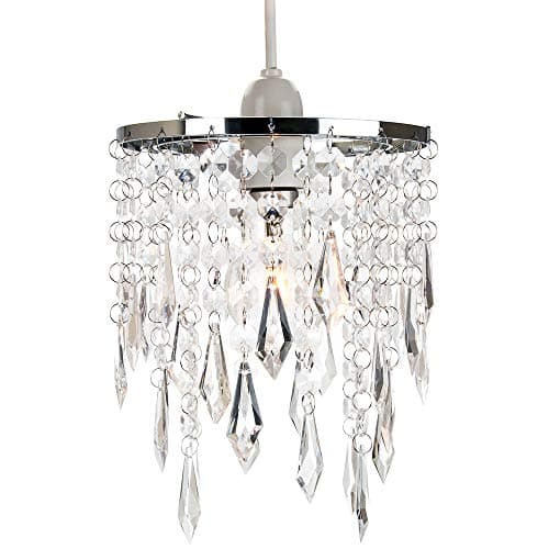 Image of Modern Waterfall Design Easy Fit Pendant Shade with Clear Acrylic Droplets and Beads - Chrome Metal Rings - 16cm Diameter by Happy Homewares