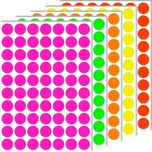 Image of Sticky Dot Stickers 3/4 Inch (19MM) Round Coloured Stickers 1400 Pack Self-Adhesive Fluorescent Neon Labels Colour Coding Labels with 5 Colors