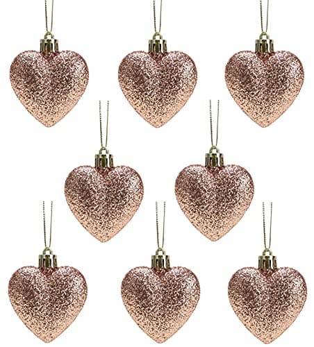 Image of Christmas Concepts® Pack of 8-60mm Heart Shaped Christmas Tree Baubles – Glitter Decorated Baubles (Rose Gold)