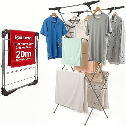 Image of Rainberg 3 Tier Clothes Airer Drying Indoor and Outdoor, Laundry Rack with Non-Slip Feet and Corner Spaces for Hangers, Flat foldable for Space Saving Washing Line, 20m Drying rack
