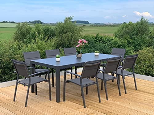 Image of Garden Store Direct GSD Sydney Aluminium Dining Sets w/Textured Glass Table Tops, Paded Weatherproof Textilene Stacking Chairs (Sydney 8 Seat Rectangular Dining Set)