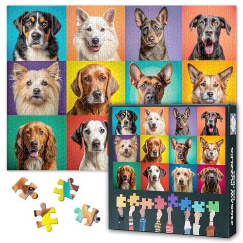 Image of Jigsaw Puzzles for Adults 1000 Pieces - Vibrant Colorful Collage of Dogs Portraits, Canine Companions Art, Premium Animal Lovers Puzzle, Finished Size 27.5x19.7 in