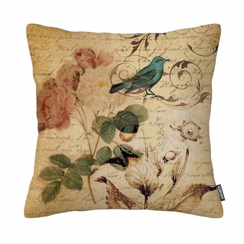 Image of GSRONY Vintage Throw Pillow Covers Victorian Bird Paris French Botanical Rose Cushion Pillow Case Home Decor Pillowcase 18x18 Inches