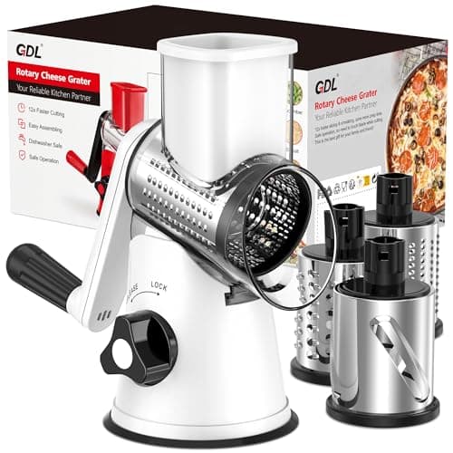 Image of GDL Cheese Grater Rotary, Vegetable Slicer, Grater Kitchen Fast Cutting for Time Saving, Rotary Grater Suitable for Vegetable, Fruit, Nut, etc. with 3 Interchangeable Drum Blades, Black