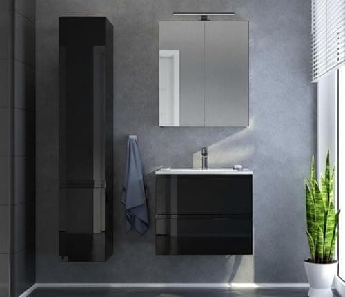 Image of TRANS - PAL Wall Hung Vanity Unit with Basin – Bathroom Storage Cabinet with 2 Soft-Close Drawers (Black Gloss, 600mm)