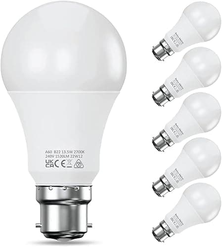 Image of Levidon Bayonet Light Bulbs 100W Equivalent, Warm White 2700K, 13.5W 1520LM Super Bright LED Bayonet Bulb, Daylight B22 LED Bulbs, BC GLS Energy Saving Lightbulbs Bayonette, Non-dimmable, Pack of 6