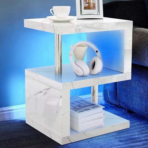 Image of Comfy Living Abstract High Gloss LED Side Table, Modern S-Shaped Design 5 Colour Options (White Marble)
